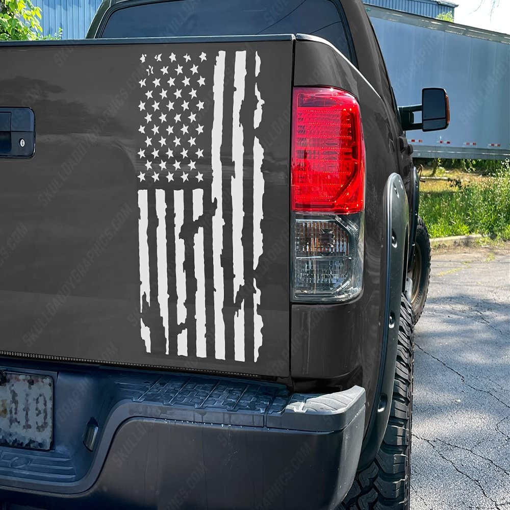 Skull Daddy Graphics Truck Tailgate Vertical Distressed American Flag Decal Sticker (White)