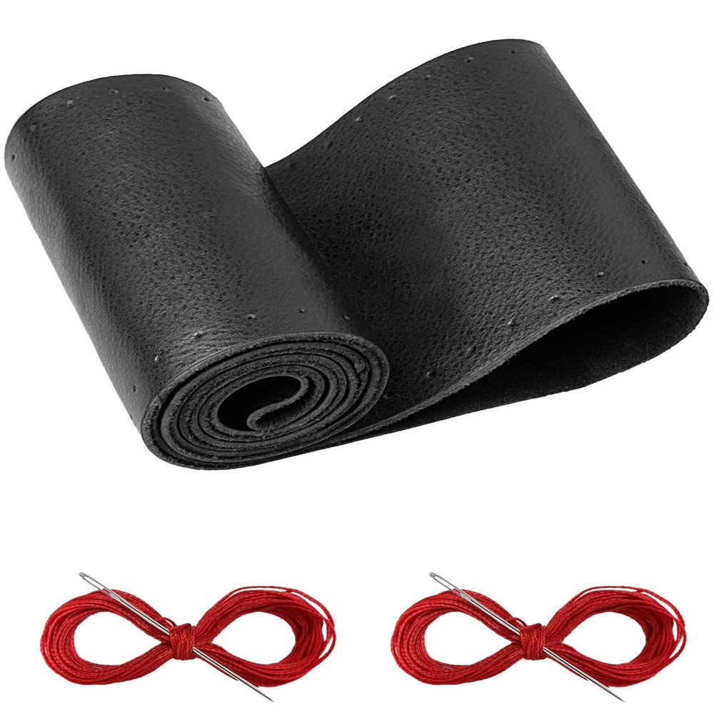 BELINOUS Leather Steering Wheel Cover Lace Up, Stitch on Steering Wheel Wrap, Universal Fit 13-20 Inch Car Truck Pickup Boat, A Whole Piece of Cowhide, DIY w/Needle Thread (Size L4, Black & Red)