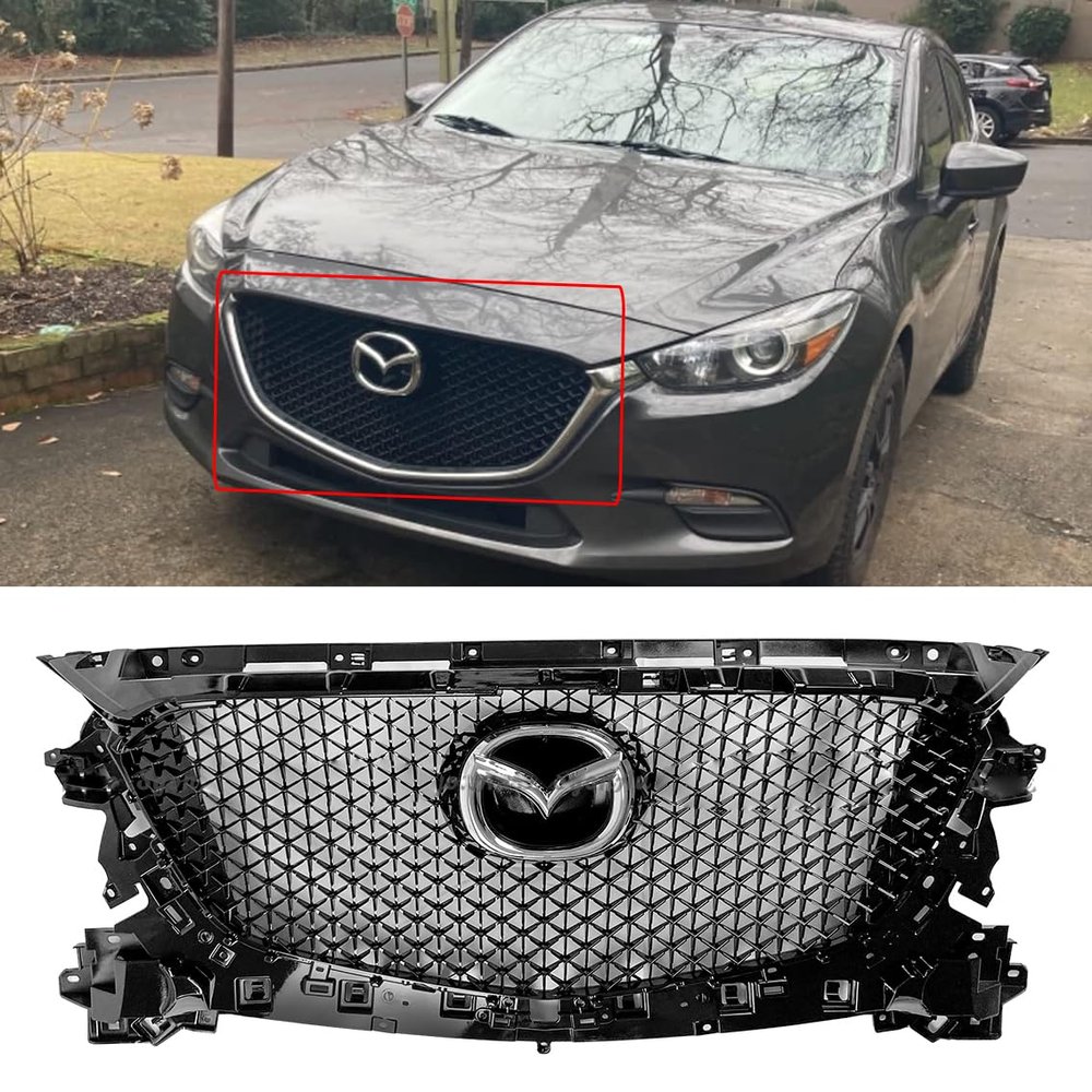 Syon Auto FITS 2017-2018 MAZDA 3 GLOSSY BLACK HONEYCOMB FRONT GRILL REPLACEMENT W/ EMBLEM