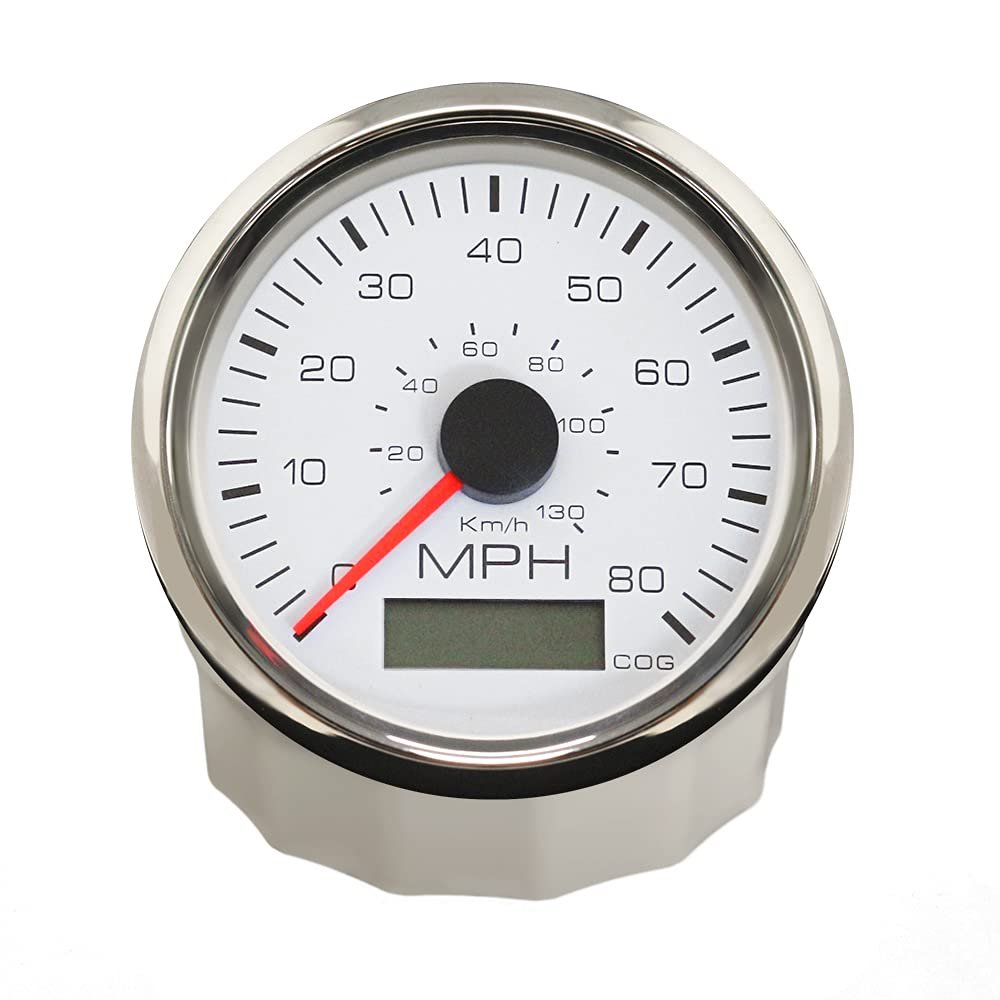 ELING 85mm GPS Speedometer Gauge Speedo 0-80 MPH with Course for Marine Car Motorcycle 12V 24V (White+Stainless Steel)