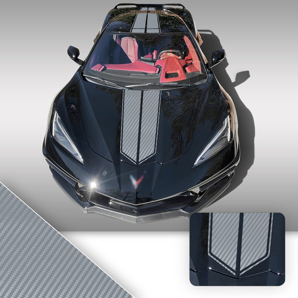 Gomu Full Body Race Stripes Graphic Overlay Pre Cut Vinyl Decal Compatible with Chevrolet Corvette C8 2020 2021 - Carbon Fiber Silver