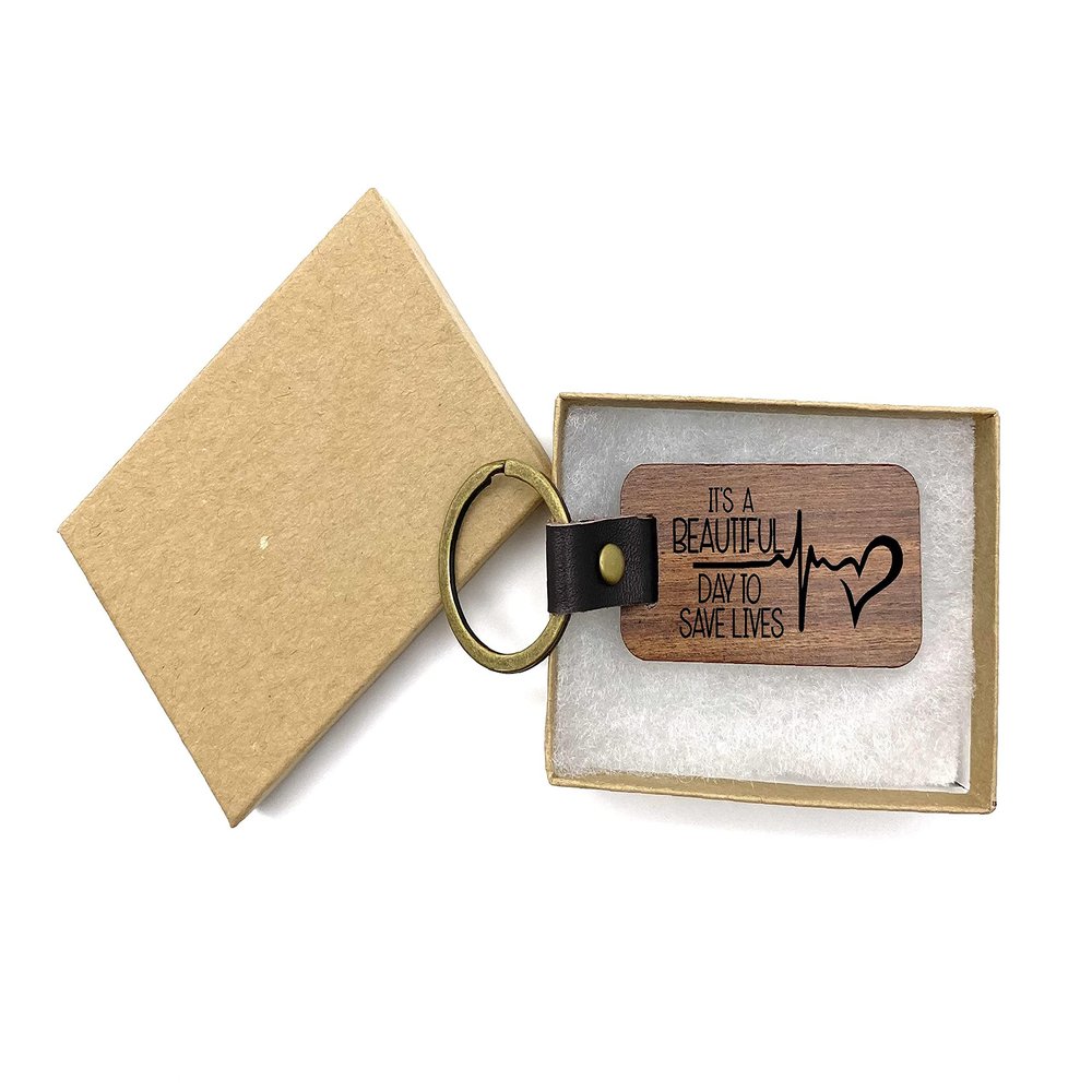 It's a Beautiful Day to Save Lives Walnut Wood Leather Key Chain Ring for car Truck Automobile auto Accessory