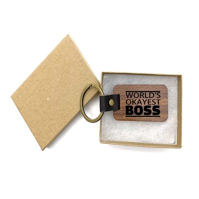 World's Okayest boss Funny Walnut Wood Leather Key Chain Ring for car Truck Automobile auto Accessory