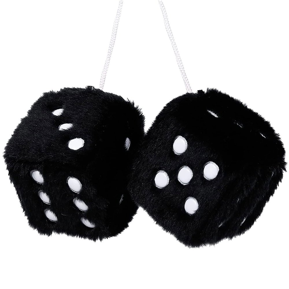 MotorCart Basics 1 Pair Auto Black Fuzzy Dice Vintage Car Plush Hanging Rearview Mirror 2.25In