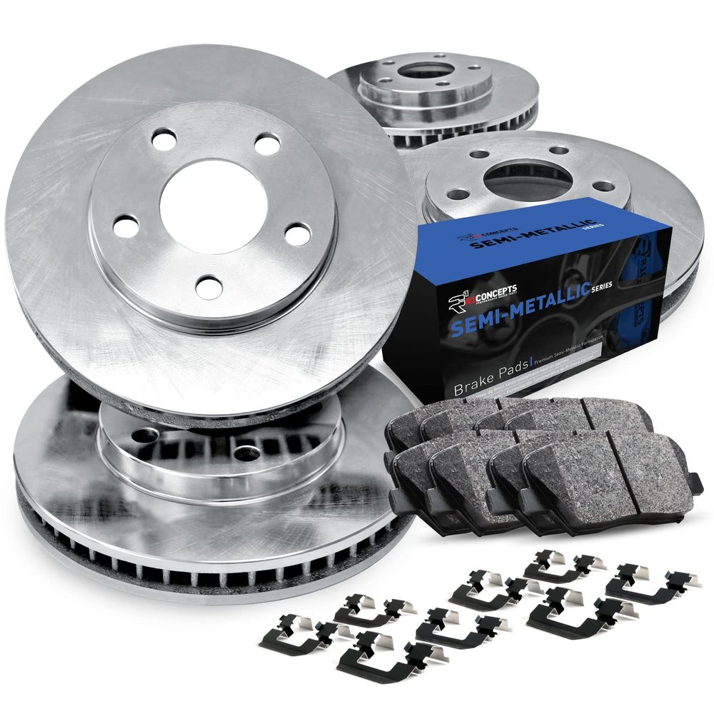 R1 Concepts Front Rear Brakes and Rotors Kit |Front Rear Brake Pads| Brake Rotors and Pads| Semi Metallic Brake Pads and Rotors |Hardware Kit|fits 2014-2015 Mercedes-Benz CLA250