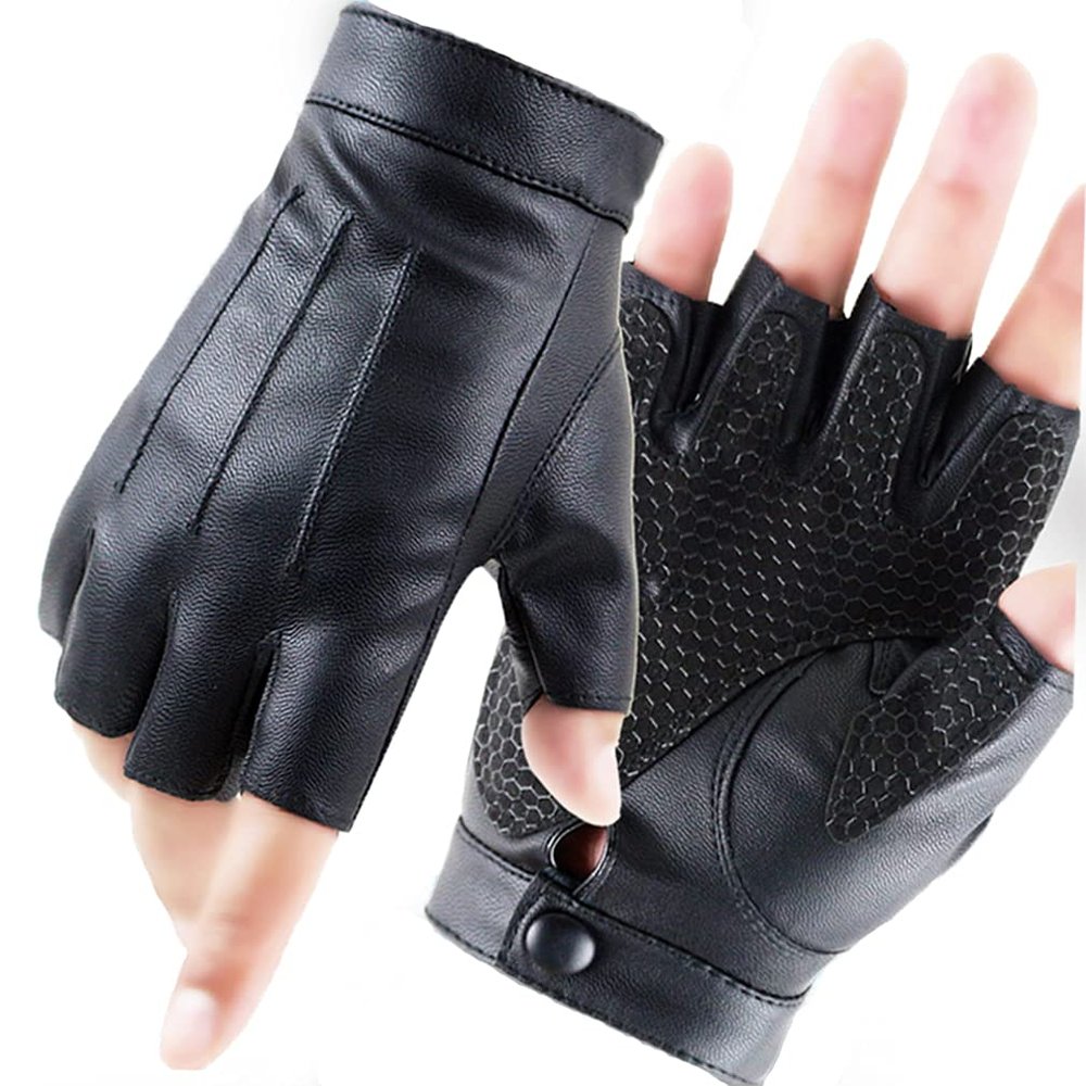 LJCZKA Fingerless Driving PU Leather Gloves Outdoor Sport Faux Half Finger with Anti-Slip Layer Glove for Men Women