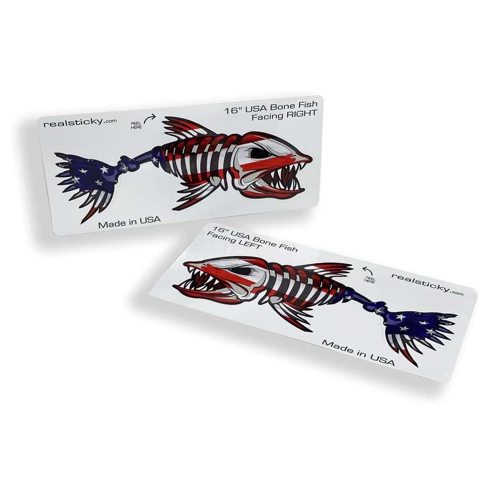 16 inch Pair of USA Bone Fish Stickers Left and Right American Flag Vehicle Window Fishing Boat Vinyl Decal Large Graphic