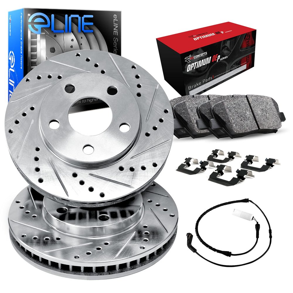R1 Concepts Rear Brake Kit Fits 2013-2018 Porsche Cayenne| Optimum Oep Pads, Drilled Slotted Rotors| Hardware, Sensor Wire| 14.1" Rear Rotor