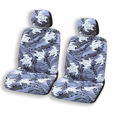 Hawaiian Car Seat Covers Set of 2 - Tribal Tapa Prints - Polynesian Designs - 2 Headrest Covers Included (Add 2 Armrest Slots per Seat Cover, Tribal Honu Gray)