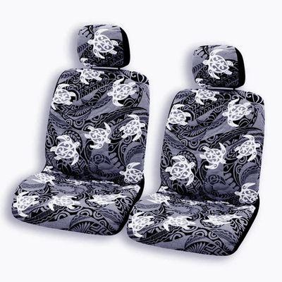 Hawaiian Car Seat Covers Set of 2 - Tribal Tapa Prints - Polynesian Designs - 2 Headrest Covers Included (Add 1 Armrest Slot, Tribal Honu Gray)