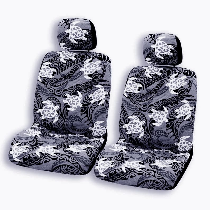 Hawaiian Car Seat Covers Set of 2 - Tribal Tapa Prints - Polynesian Designs - 2 Headrest Covers Included (Add 1 Armrest Slot, Tribal Honu Gray)