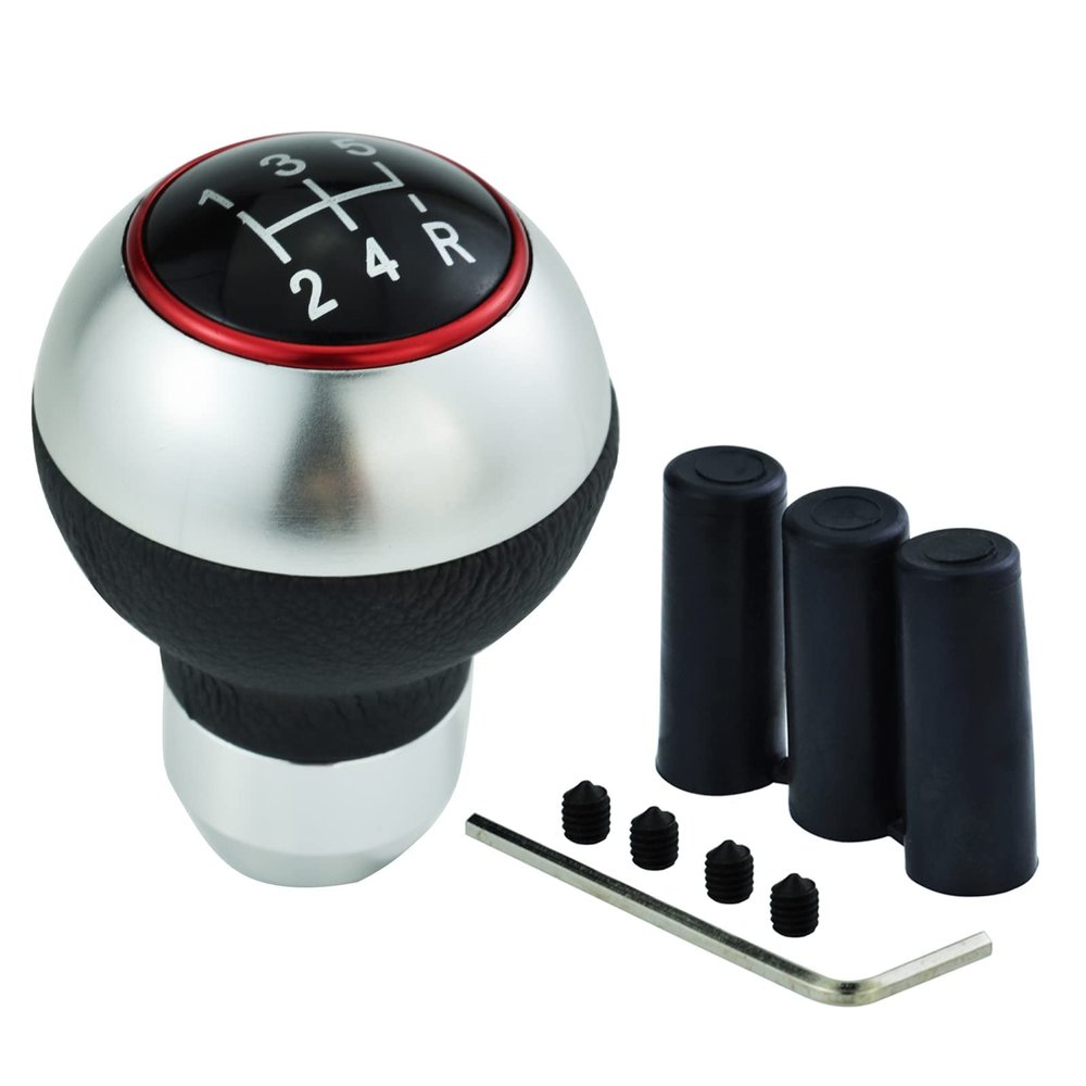 Temzzer 5 Speed Gear Shifter Knob Ball PU Leather Shift Stick Lever Head for Most Manual Automotive Vehicles (Black, Silver)