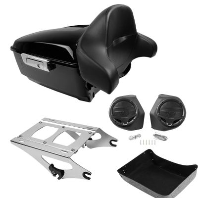 TCMT 13.7" King Motorcycle Trunk Box Wrap-Around Backrest Rear Speakers 2 Up Mounting Rack Fit For Harley 2014-2025 Touring CVO Road King Road Glide Street Glide Electra Glide Pack