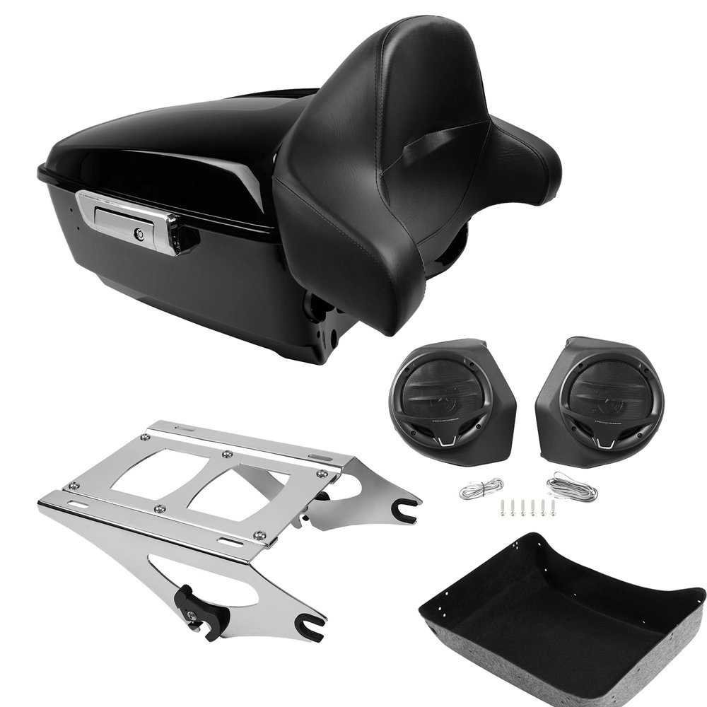 TCMT 13.7" King Motorcycle Trunk Box Wrap-Around Backrest Rear Speakers 2 Up Mounting Rack Fit For Harley 2014-2025 Touring CVO Road King Road Glide Street Glide Electra Glide Pack