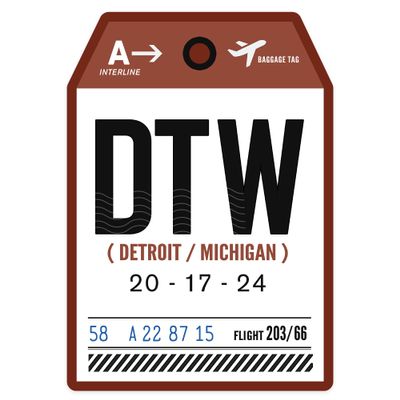 Die Cut Sticker Detroit, Michigan, DTW, Luggage Tag Vinyl Sticker, (Waterproof Decal for Cars, Water Bottles, Laptops, Coolers), Large