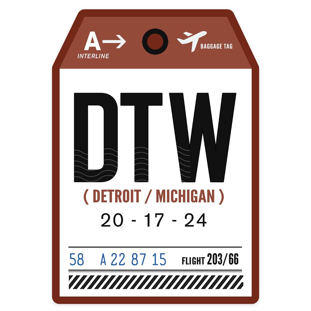 Die Cut Sticker Detroit, Michigan, DTW, Luggage Tag Vinyl Sticker, (Waterproof Decal for Cars, Water Bottles, Laptops, Coolers), Large