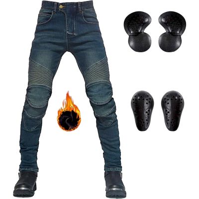 LOMENG Winter Motorcycle Pants Riding Jeans Keep Warm Motorbike Pants with CE Knee Hip Removable Armored for Men Bule Gray EU28, 28 Regular