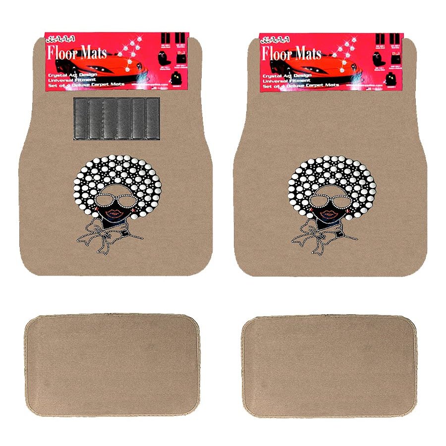 Universal Fit Front/Rear 4-Piece Full Set Crystal Bling Rhinestone Studded Design Carpet Car SUV Truck Floor Mats (Disco Girl-Beige)
