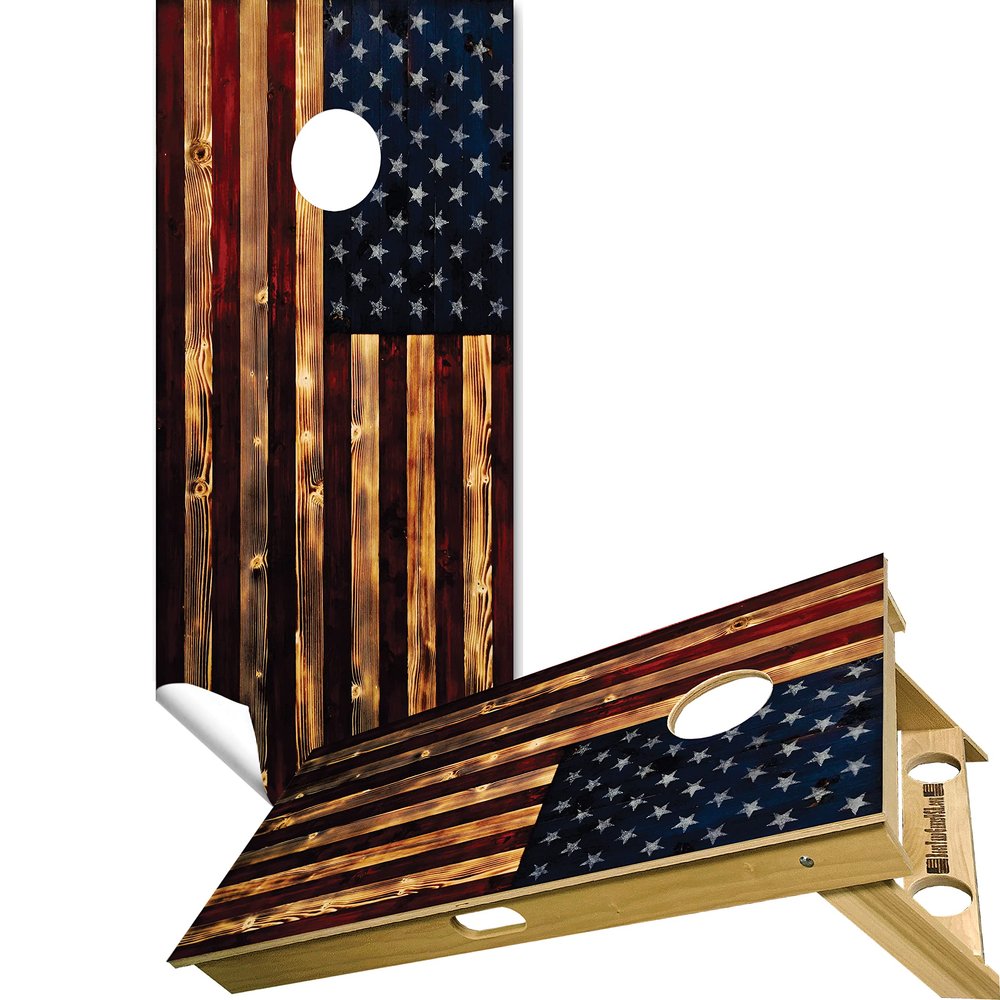 Cornhole Board Vinyl Wrap Decals (Set of 2) Patriotic Bean Bag Toss Wrap Stickers (Rustic Wood)