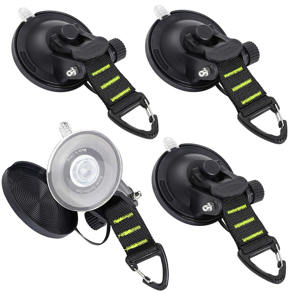 CONBOLA Suction Cups Hooks Heavy Duty Outdoor Car Camping Essentials 4 Pieces Upgraded Tie Down Suction Cup,Camper Accessories Strong Power for RV Boat Window Glass Camping Trap.(4 pcs,Green)