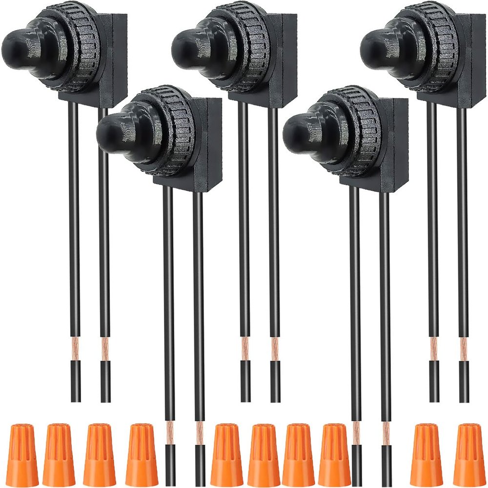 DKARDU 5 pcs Waterproof Push-Button Switch 12V ON/Off SPST Switch On-Off Light Wired Switch with Wiring Caps for Motorcycle/Auto Car Bathroom Fan (Black)