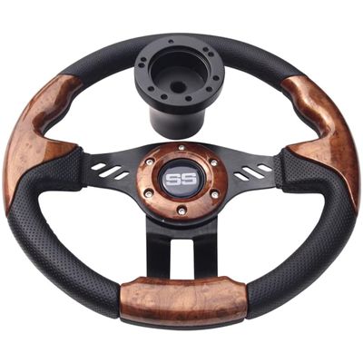 Huskey Trooper Woodgrain Golf Cart Steering Wheel Carbon Fiber Texture Grip W/Matte Black Hub Adapter for Club Car Precedent 04+ Gas Electric Models