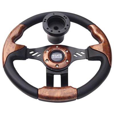 Huskey Club Car Woodgrain Steering Wheel Carbon Fiber Texture Grip W/Matte Black Hub Adapter for Club Car DS Gas Electric Models Premium Quality
