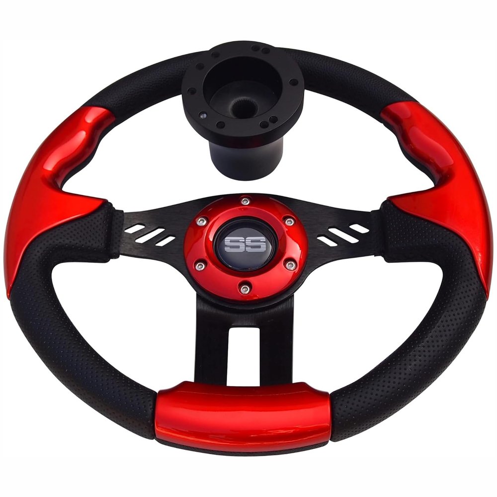 Huskey Trooper Red Golf Cart Steering Wheel 12.5 Inch OD Comfortable Grip + Club Car DS Hub Adapter Black 5/6 Hole Pattern