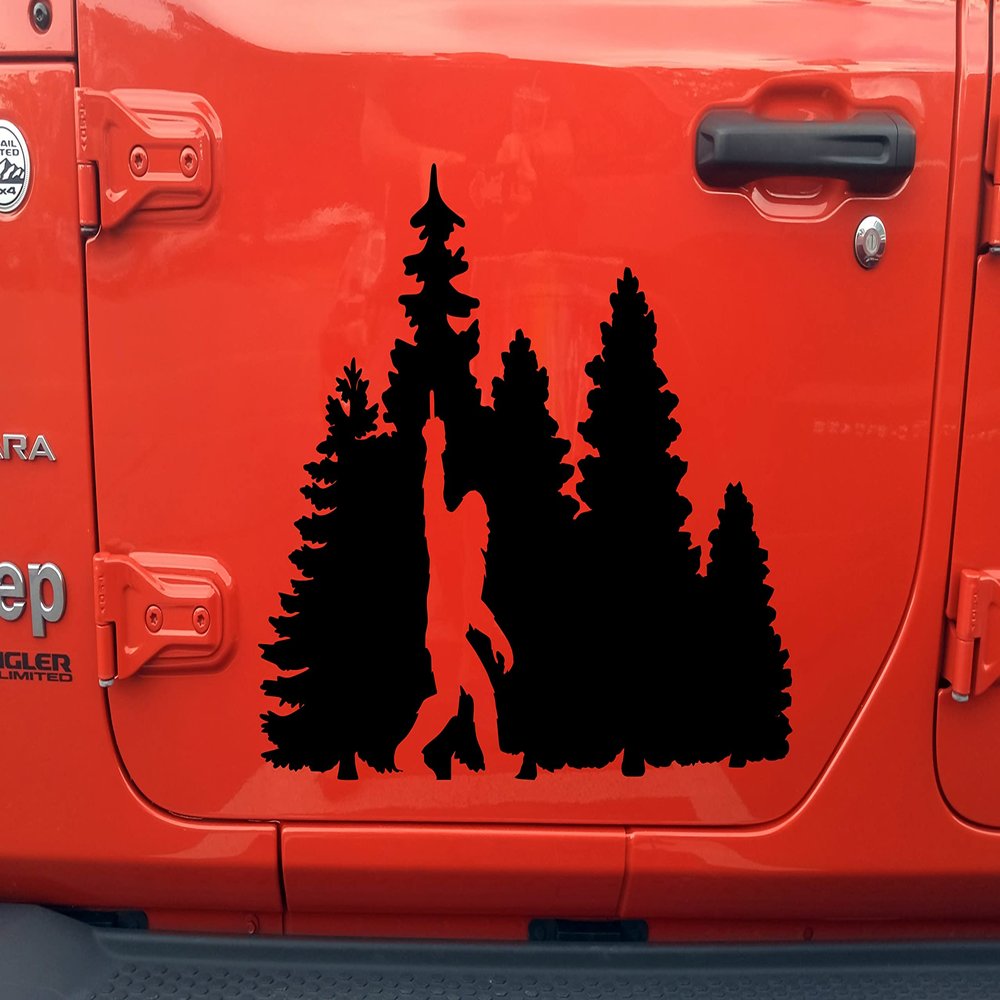 Turquoise - Bigfoot in Trees Middle Finger Vinyl Decal - Sasquatch Forest Line PNW - Die Cut Sticker - 10w x 7h inches