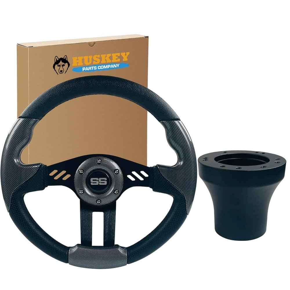Huskey 12.5 Inch Trooper Style Carbon Fiber Steering Wheel For Club Car DS G&E Golf Carts,Brushed Aluminum Black Spokes,SS Logo,Includes a 5/6 Hole Pattern Matt Black Carbon Steel Hub Adapter