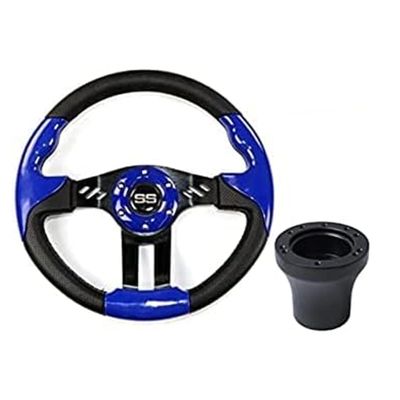 Huskey 12.5 Inch Trooper Style Blue Steering Wheel Compatible with Yamaha G&E Golf Carts,Brushed Aluminum Blue and Black Spokes, SS Logo,Includes a 5/6 Hole Pattern Matt Black Carbon Steel Hub Adapter