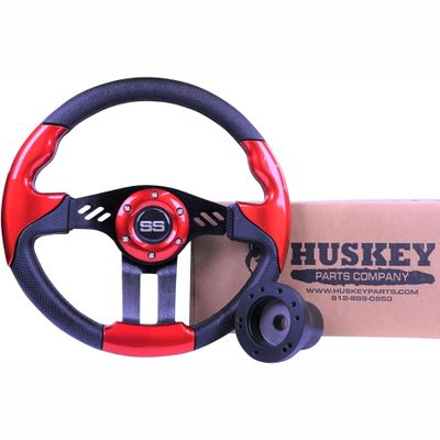 Huskey Club Car Precedent Golf Cart Steering Wheel Red Black Brushed Spokes Carbon Fiber Grips SS logo Premium Quality