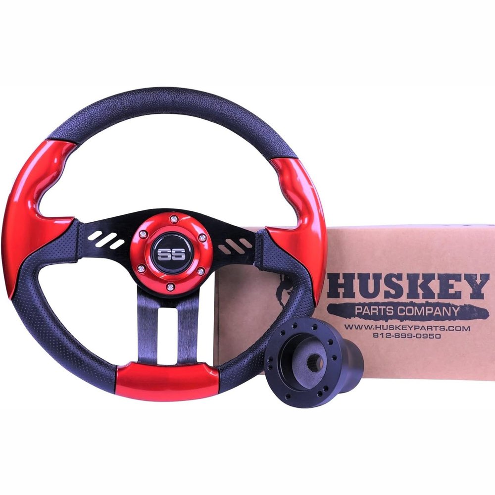 Huskey Club Car Precedent Golf Cart Steering Wheel Red Black Brushed Spokes Carbon Fiber Grips SS logo Premium Quality