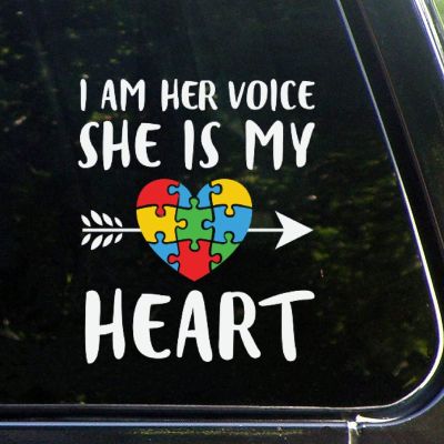 I Am Her Voice She is My Heart Puzzle Car Decals Autism Awareness Puzzle Piece Decal Autistic Support Vinyl Car Stickers Decal Funny Bumper Stickers for Cars Personalized Stickers for Car Laptop