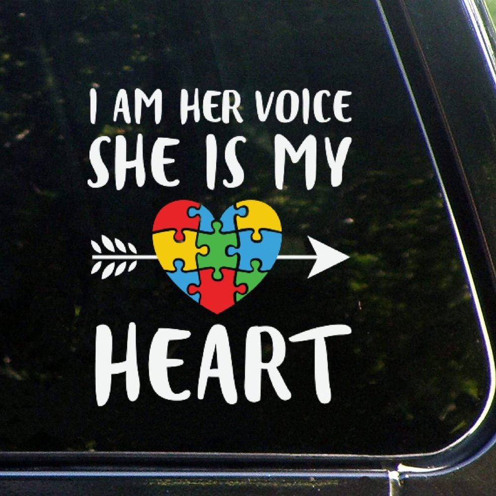 I Am Her Voice She is My Heart Puzzle Car Decals Autism Awareness Puzzle Piece Decal Autistic Support Vinyl Car Stickers Decal Funny Bumper Stickers for Cars Personalized Stickers for Car Laptop