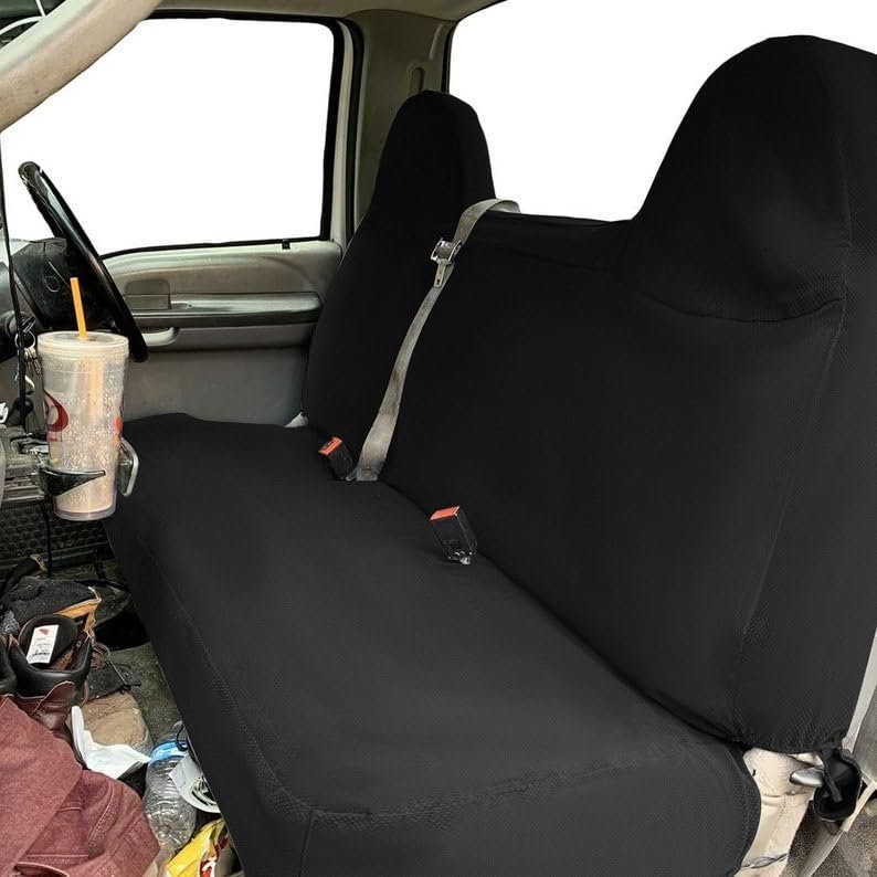 RealSeatCovers ProSync Seat Cover for 1992-2010 Ford F150 F250 F350 Front Bench F23 Molded Headrest Belt Cutout Exact Fit (Black)