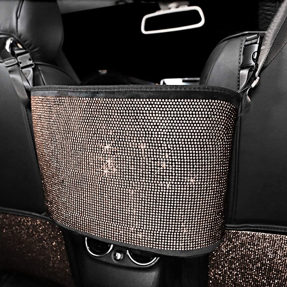 eing Crystal Car Organizers and Storage Purse Holder, Car Seat Back Net Handbag Accessories with Bling Diamonds for Women, Car Pet Barrier for Dogs and Kids, Gold