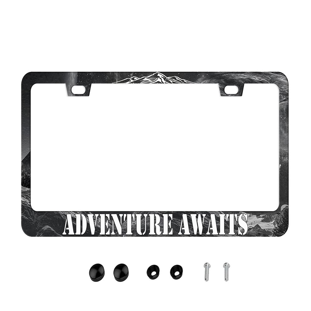 Adventure Awaits License Plate Frame - American Mountains Vanity Car Tag Frames Aluminum Auto Tags Cover 2 Holes Screws (Adventure Awaits 1)