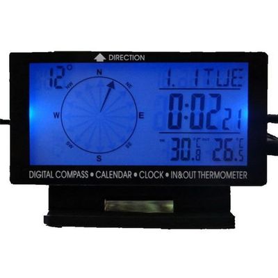 Digital Car Thermometer Black with Blue Backlight Compass Clock with Large LCD 3.9inch