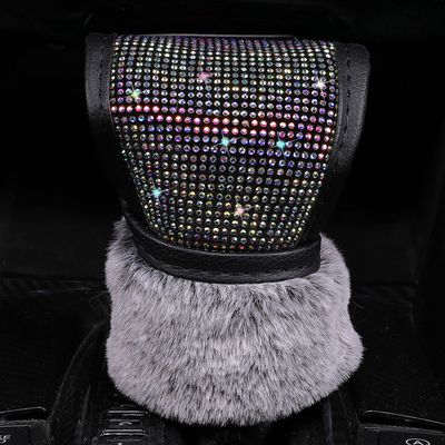 MLOVESIE Plush Auto Gear Shift Knob Cover with Crystal Glitter Bling Rhinestones for Girls,Lady Universal Fit (Bling) (Fur Gray)