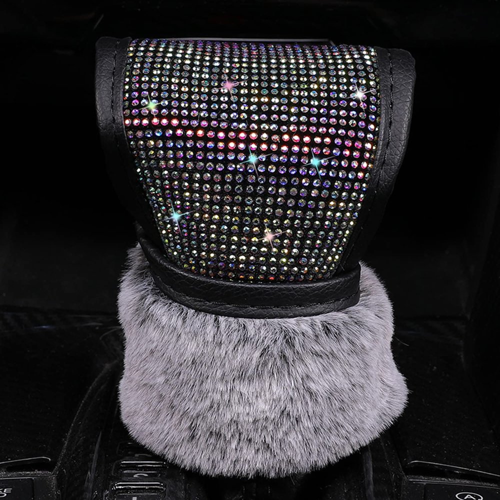 MLOVESIE Plush Auto Gear Shift Knob Cover with Crystal Glitter Bling Rhinestones for Girls,Lady Universal Fit (Bling) (Fur Gray)