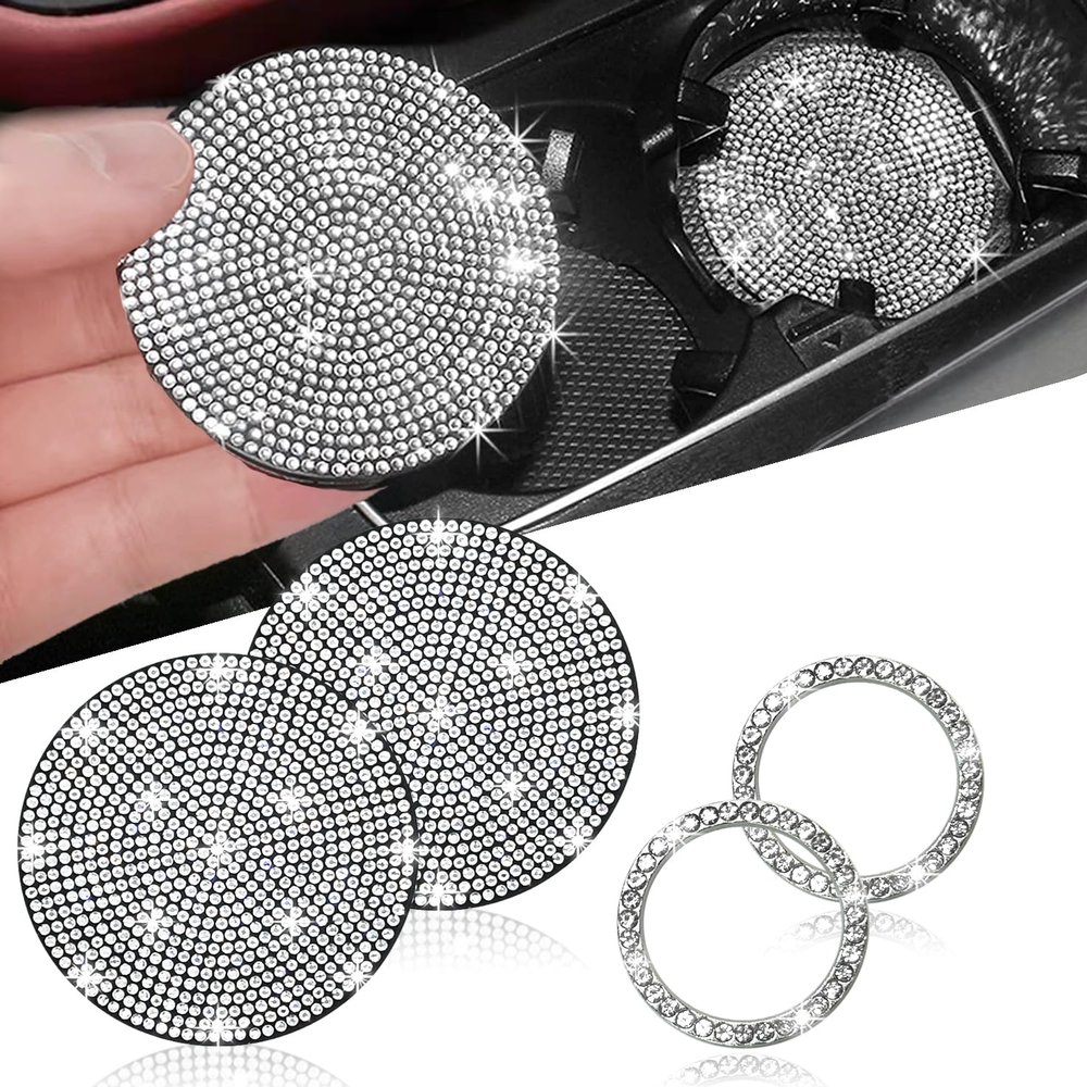 2pcs Bling Car Cup Holder Coasters & 2pcs Push Start Button, 2.75 inch Anti-Slip Shockproof Universal Vehicle Coasters Insert, Bling Car Interior Accessories for Women Suits for Most Cars (White)