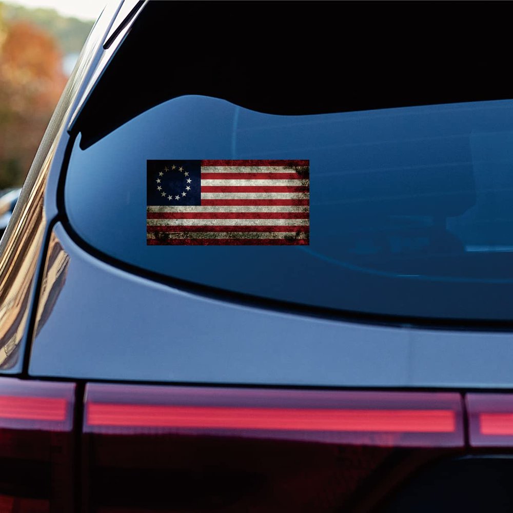 Betsy Ross Flag Decal Vinyl Sticker Car Laptop 1777-1795 American Subdued Distressed B Reflective Glossy Choose Size (10'' x 5.3" (25.4cm x 13.4cm), Reflective)