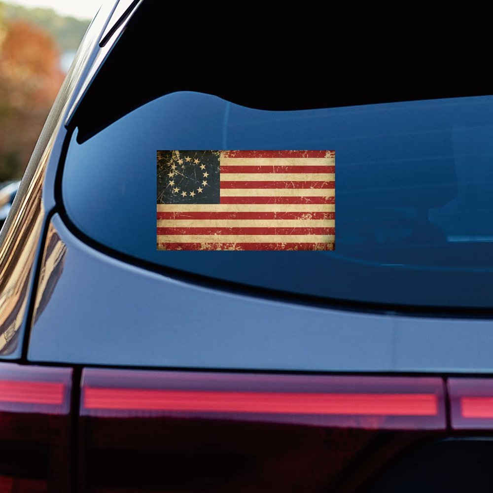 Betsy Ross Flag Decal Vinyl Sticker Car Laptop 1777-1795 American Subdued Distressed C Reflective Glossy Choose Size (4'' x 2.3" (10.2cm x 5.7cm), Glossy)