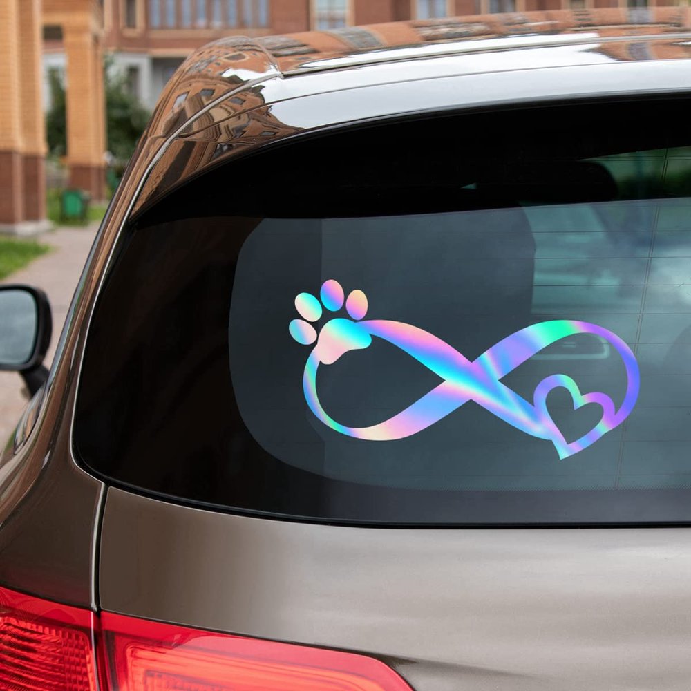 Infinity Symbol Paw Print Love Dog Cat Pet Heart Vinyl Decal Sticker No Background for Car Boat Laptop Cup Choose Size Color (4'' x 2.1" (10.2cm x 5.2cm), Holographic)