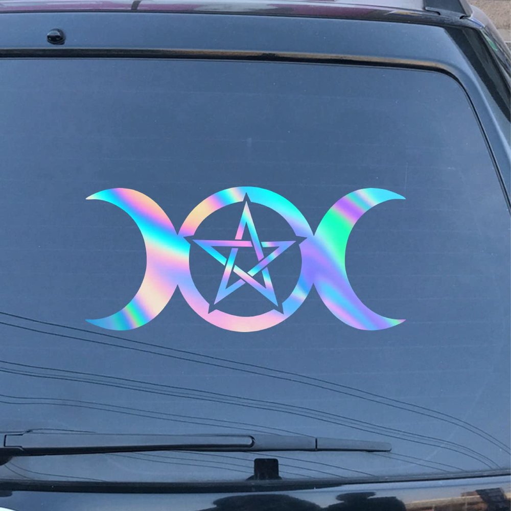 Wicca Pagan Witch Triple Moon Decal Vinyl Sticker Die Cut No Background for Car Boat Laptop Cup Choose Size Color (6'' x 2.7" (15.2cm x 6.9cm), Holographic)