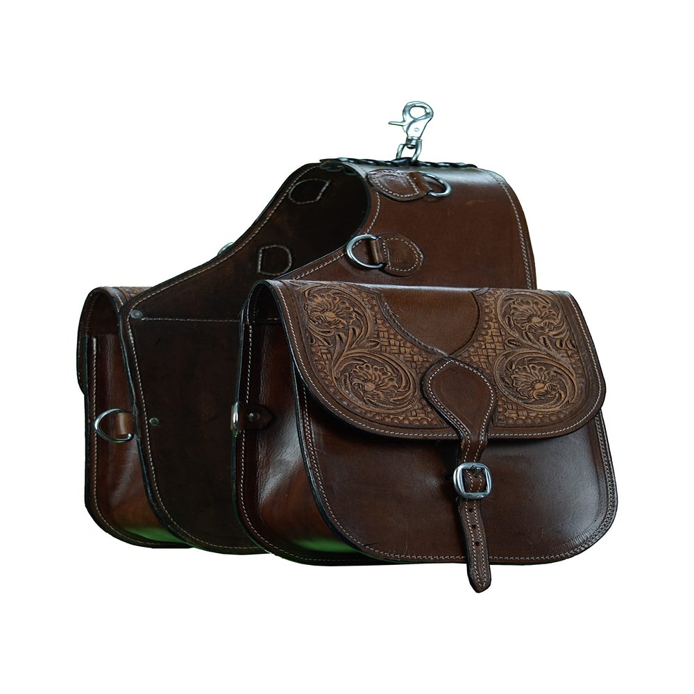 Daarkgreen Leather Western Saddle Bag Dark Brown with Floral Tooling