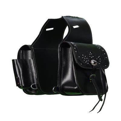 Daarkgreen Leather Western Saddle Bag with Water Bottle Pocket, Floral Design, Color Black.