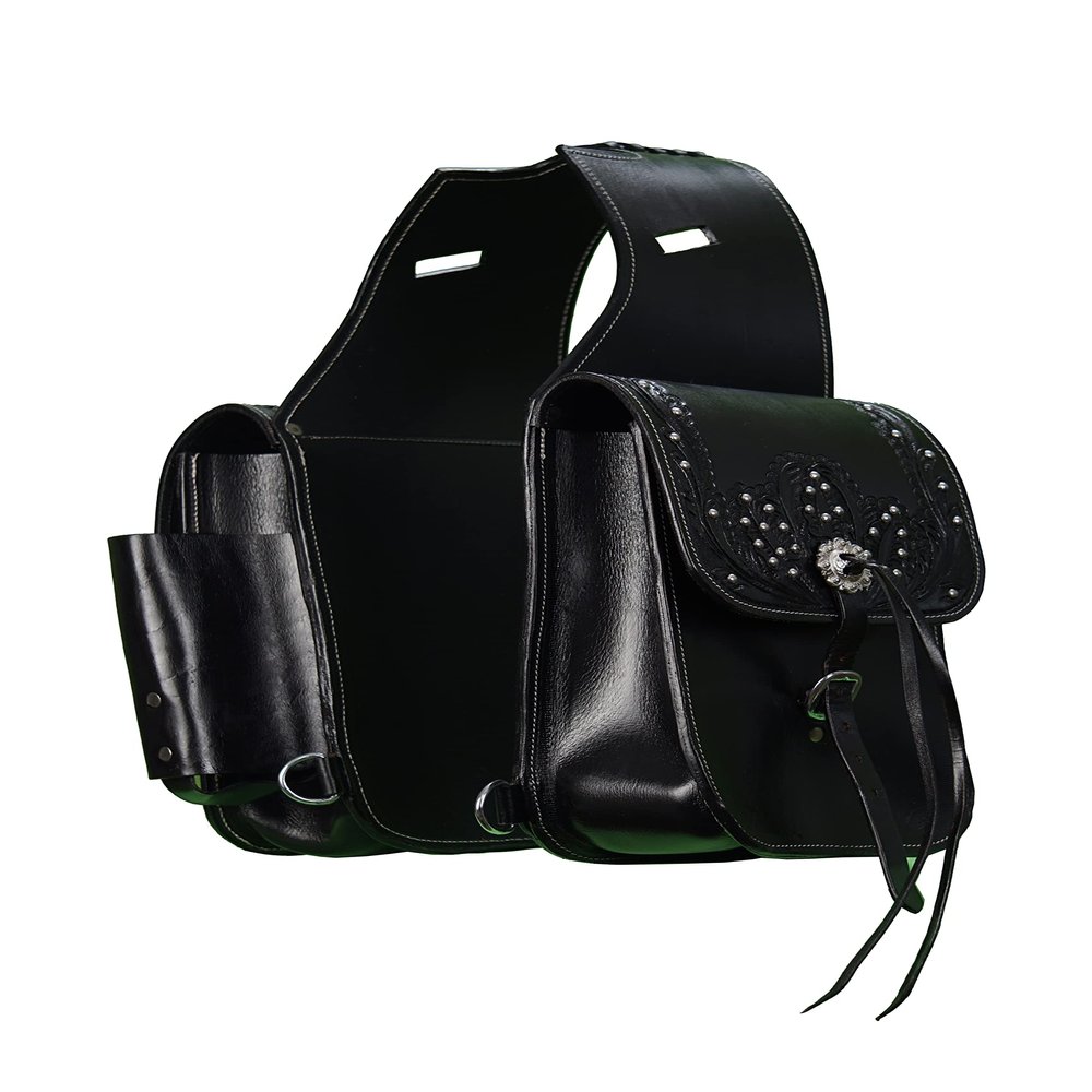 Daarkgreen Leather Western Saddle Bag with Water Bottle Pocket, Floral Design, Color Black.