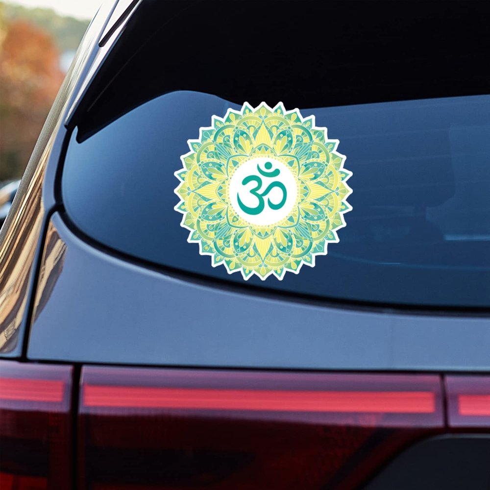 Aum Om Ohm Symbol Mandala Vinyl Decal Sticker Round Green Yellow Yoga for Car Boat Laptop Reflective Glossy Choose Size (6'' x 6" (15.2cm x 15.2cm), Reflective)